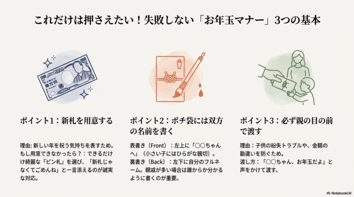 「新札を用意する」「ポチ袋に双方の名前を書く」「親の目の前で渡す」という、お年玉を渡す際に必ず押さえたい3つのポイントを解説した画像。