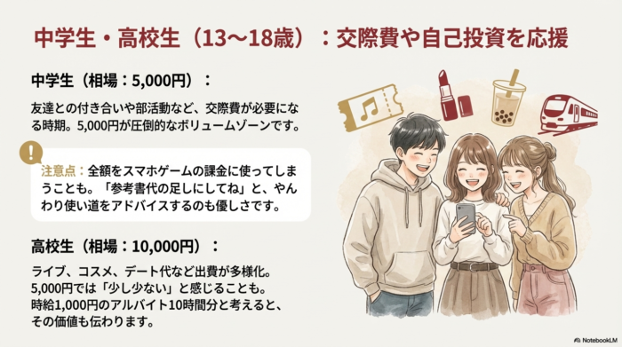 スマートフォンを見ながら談笑する学生たちと、コスメ、映画チケット、電車のアイコン。中学生・高校生の交際費や自己投資への応援が必要な時期であることを示したイラスト。