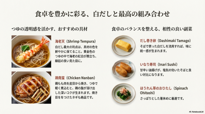 つゆの黄金色に映える海老天や鶏南蛮などの具材と、だし巻き卵、いなり寿司、ほうれん草のお浸しといった食卓のバランスを整える副菜の提案 。