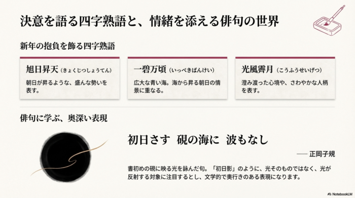 旭日昇天など新年の抱負に使える四字熟語と、正岡子規の俳句から学ぶ情緒的な表現方法をまとめたスライド。