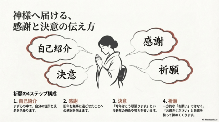 自己紹介、感謝、決意、祈願という4つのステップで、心の中で神様に伝える内容を構成したイラストスライド。