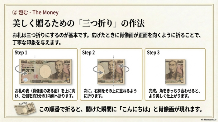 肖像画を内側にして、左・右の順に折る三つ折りの3ステップ解説図。