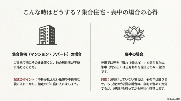 マンションでは中身の見えない袋に入れる配慮が必要なこと、また喪中（忌中）は飾りを控え、処分が必要な場合は自宅で清めるか忌明けを待つことを説明するスライド。