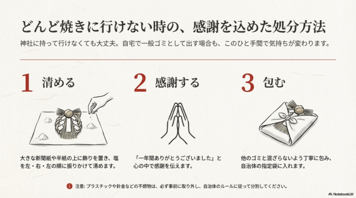 自宅で処分する際の、塩で「清める」、心で「感謝する」、丁寧に「包む」という3つのステップと、不燃物の分別注意を説明するイラスト。
