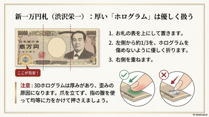 新一万円札(渋沢栄一)の折り位置。3Dホログラムを傷めないよう優しく折る際の目安。