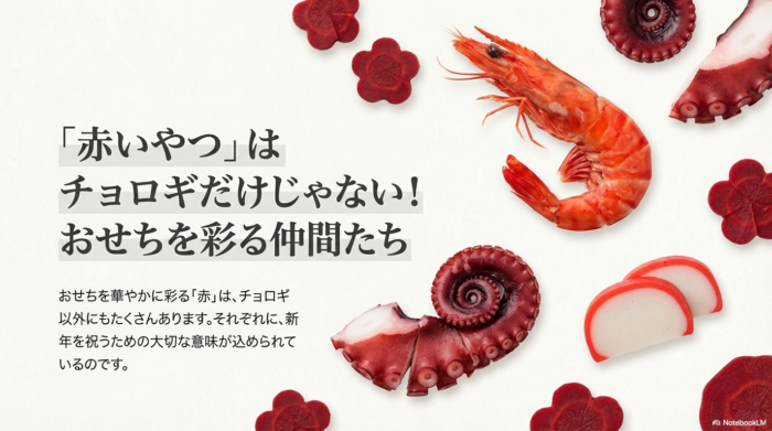 チョロギ以外にもおせちを華やかに彩る赤い食材には大切な意味が込められていることを示すスライド。