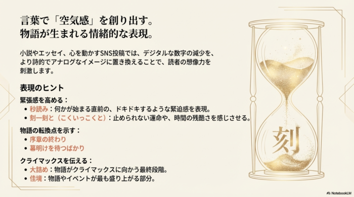 「秒読み」「佳境」などの情緒的な日本語と、「Run-up」「Around the corner」などスタイリッシュな英語表現をまとめたリスト。