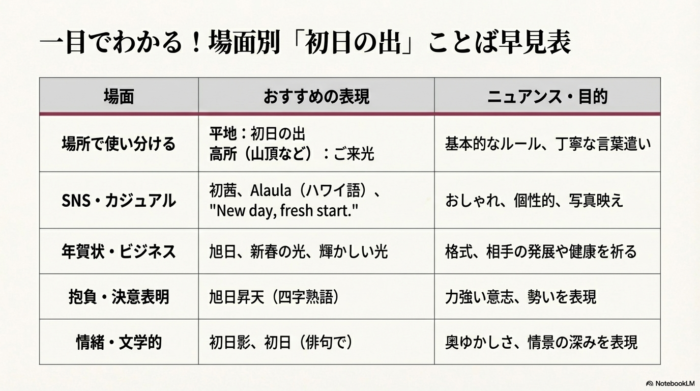 場所、SNS、ビジネス、抱負、文学的表現など、場面ごとにおすすめの表現とニュアンスを一目で確認できる比較表のスライド。