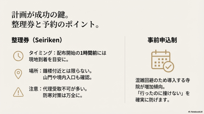 整理券配布のタイミング（1時間前到着目安）や場所、事前申込制の導入傾向について解説したスライド。