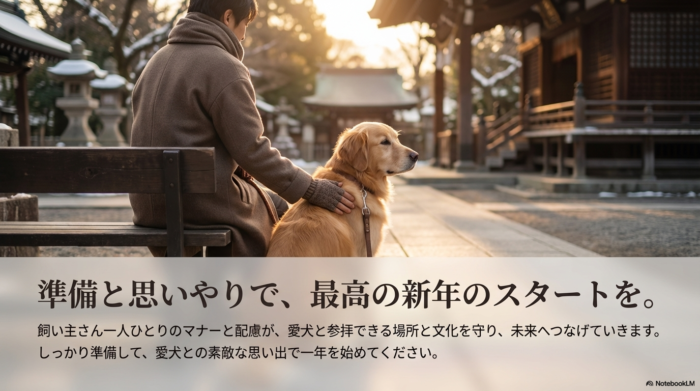 「準備と思いやりで、最高の新年のスタートを。」というメッセージと共に、マナーと配慮がペット参拝の文化を守ることへの理解を求める結びのスライド 。