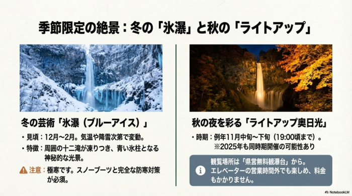 : 冬に見られる青く凍った「氷瀑（ブルーアイス）」と、秋の夜に開催される「ライトアップ奥日光」の比較写真。