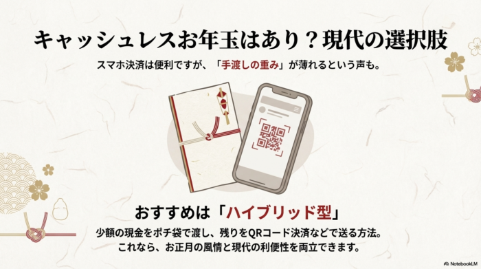 ポチ袋に入れた少額の現金とQRコード決済を組み合わせる「ハイブリッド型」のお年玉スタイルを紹介するイメージ。