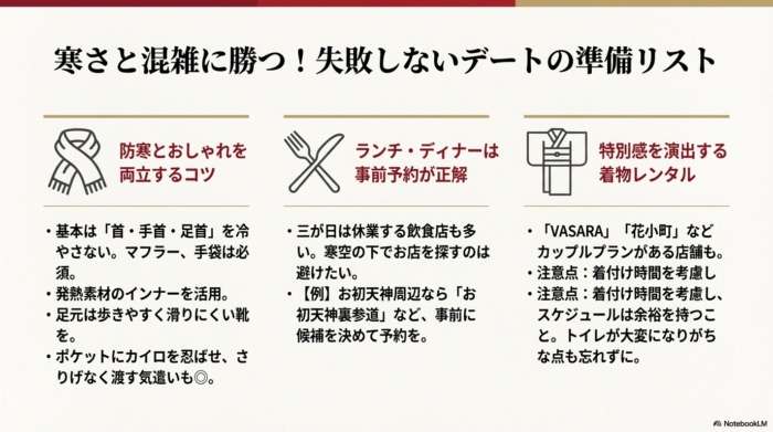 防寒対策のコツ、ランチ・ディナーの事前予約、着物レンタルの注意点をまとめたイラスト付きリスト