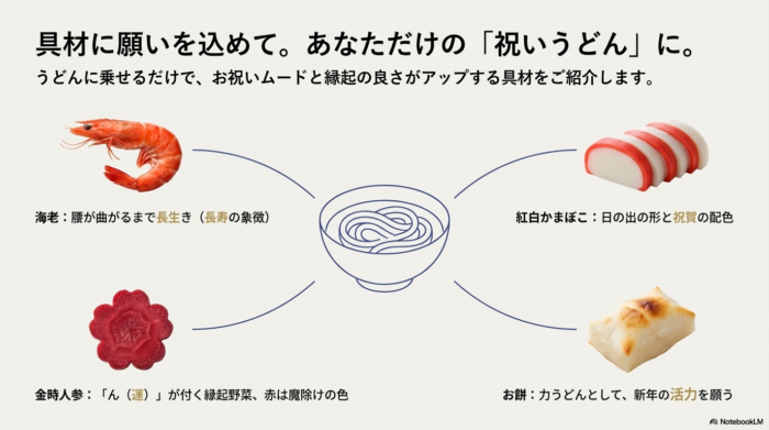 海老（長寿）、紅白かまぼこ（日の出）、金時人参（運・魔除け）、お餅（活力）など、うどんに乗せるだけで縁起が良くなる具材を視覚的にまとめたスライド。