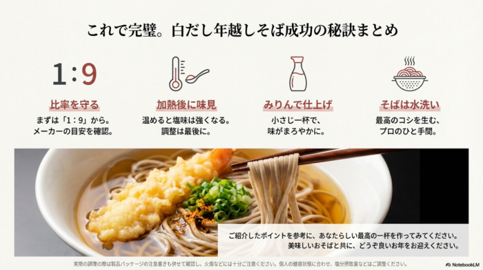 比率の厳守、加熱後の味見、みりんでの仕上げ、そばの水洗いという、失敗しないための4つの重要ポイントをまとめた最終スライド 。