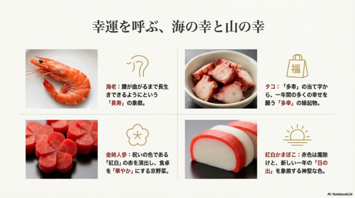 海老（長寿）、タコ（多幸）、金時人参（紅白）、紅白かまぼこ（魔除け・日の出）の意味をまとめたスライド。