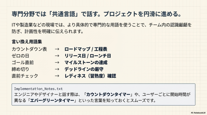 「工程表」「ロードマップ」「マイルストーン」など、チームでの認識を揃えるための専門用語と、Web実装時のタイマー用語のヒント。