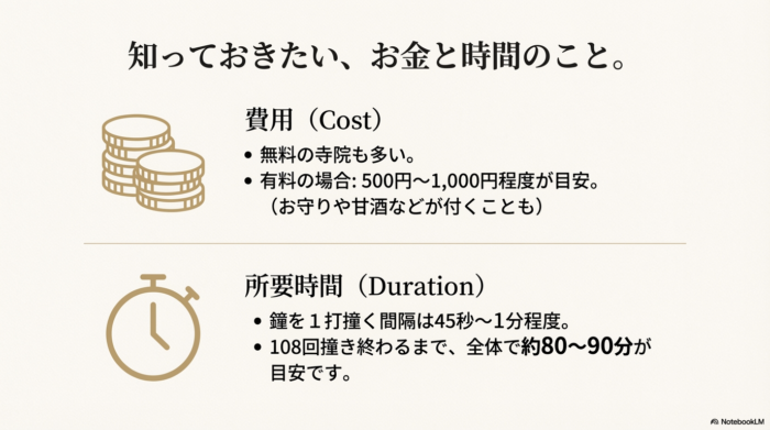 参加費用の目安（無料〜1,000円程度）と、108回撞き終わるまでの所要時間（約80〜90分）の目安を示したスライド。