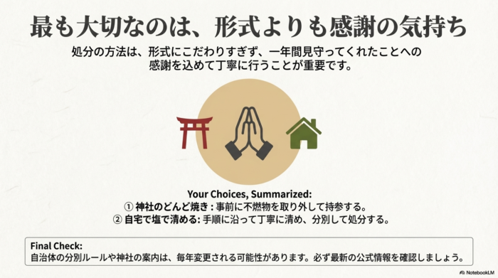 形式よりも感謝の気持ちが重要であるというメッセージと、神社のどんど焼き・自宅で清める方法の2つの選択肢を再確認するまとめスライド。