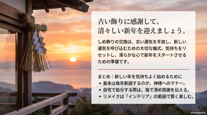 毎年新調するマナー、自宅処分の清め方、リメイクの範囲など、清々しく新年を迎えるためのポイントをまとめた最終スライド。