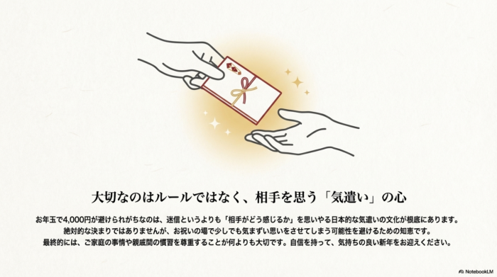 お年玉を手渡すイラスト。4,000円を避けるのは「相手がどう感じるか」を思いやる日本の文化であり、最終的には家庭の事情や慣習を尊重することが大切であるというメッセージ。