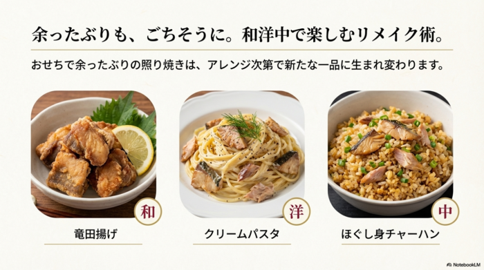 和風の竜田揚げ、洋風のクリームパスタ、中華風のほぐし身チャーハンの3枚の写真とともに、余ったぶりのアレンジ術を提案するスライド。