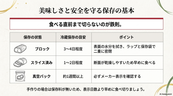 保存状態（ブロック・スライス・真空パック）ごとの冷蔵保存日数と、乾燥を防ぐポイントをまとめた表形式のスライド。