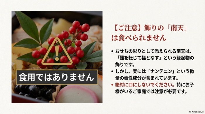 飾りの南天には「ナンテニン」という毒性成分が含まれており、絶対に口にしないよう注意を促すスライド。