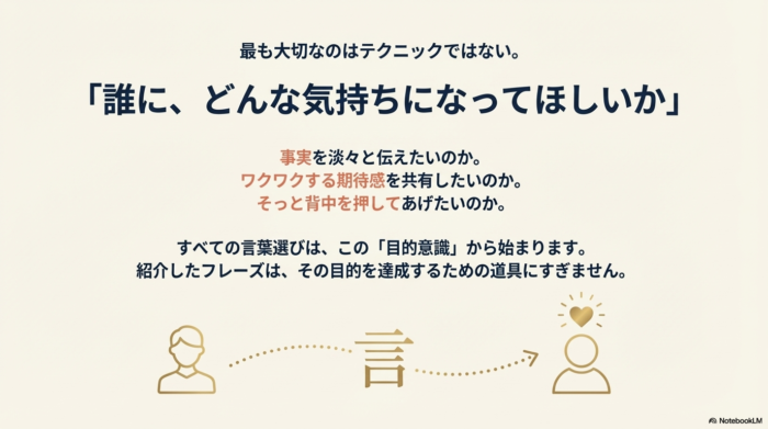 なぜ言い換える必要があるのかを解説。マンネリ化やプレッシャーを避け、「誰に、どんな気持ちになってほしいか」という目的意識が重要であることを示す図解。