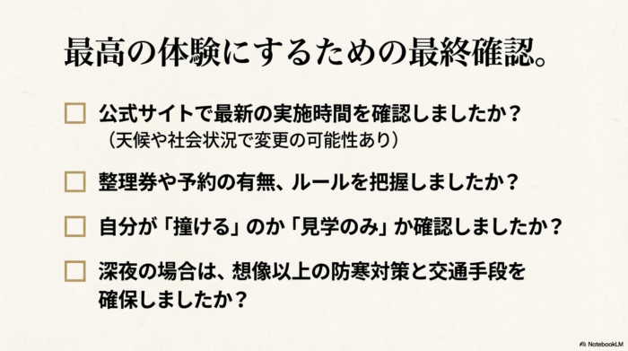 公式サイトの確認、参加ルールの把握、防寒対策など、行く前に確認すべき4つの項目をまとめたチェックリストのスライド。
