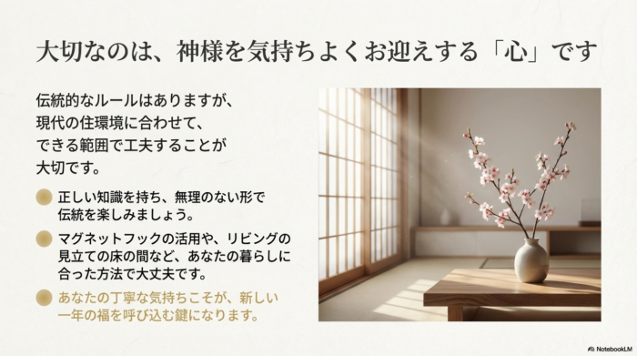 柔らかな光が差し込む和室の画像。伝統を守りつつも現代の住環境に合わせた自分なりの工夫と、丁寧な気持ちが福を呼び込む鍵であるというメッセージ 。