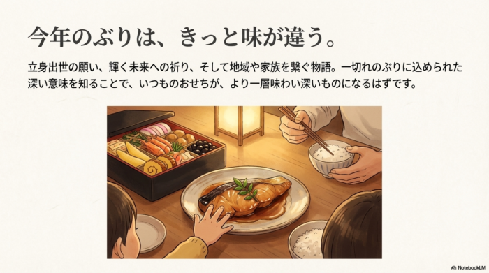 家族でおせちを囲む温かな食事風景のイラストを背景に、「一切れのぶりに込められた深い意味を知ることで、いつものおせちがより味わい深くなる」というメッセージを添えたスライド。