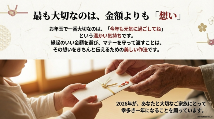 「最も大切なのは金額よりも想い」というメッセージと、2026年の幸運を願う結びのスライド。