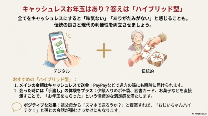 スマホ決済アプリでの送金画面と、ポチ袋やお菓子の手渡しを組み合わせたイラスト。デジタルの利便性とアナログの情緒的価値を両立する「ハイブリッド型」の提案図。
10. 記事のまとめ