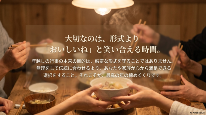 年越しの本来の目的は形式を守ることではなく、家族で「おいしいね」と笑い合える時間を過ごすことであるという、温かいメッセージを記したスライド。