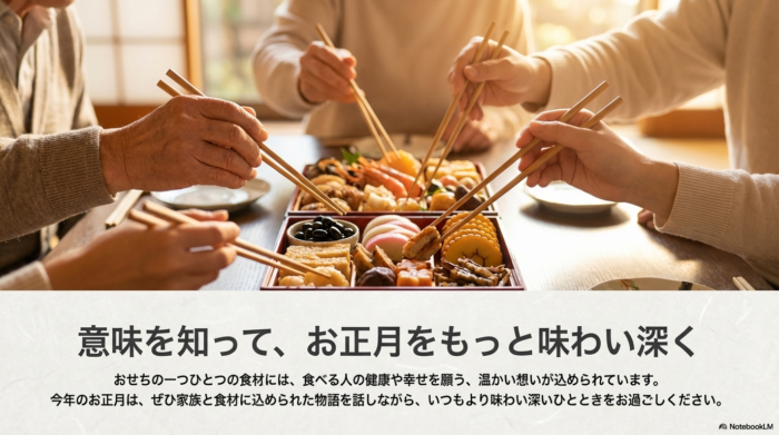 食材に込められた願いを知り、家族で物語を楽しみながらお正月を過ごすことを勧める結びのスライド。