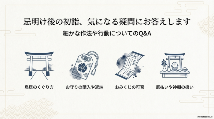 忌明け後であれば鳥居をくぐっても問題ないが、同行者や地域の慣習への配慮も大切であることを説くQ&A解説。