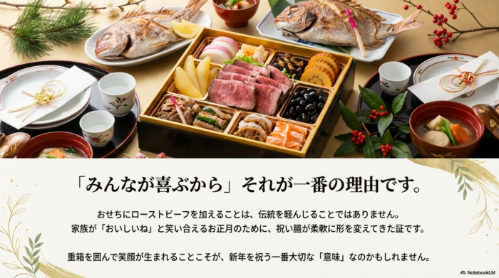 「みんなが喜ぶから、それが一番の理由です」というメッセージとともに、家族の幸せを願うおせちの在り方を肯定する結びのスライド。