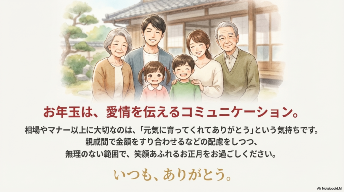祖父母、両親、孫たちが笑顔で並んでいる家族の集合イラスト。お年玉を通じて家族の絆を深め、良いお正月を迎えるイメージ。