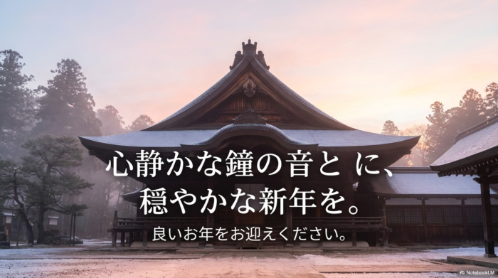 「心静かな鐘の音とともに、穏やかな新年を。良いお年をお迎えください。」というメッセージが書かれた結びのスライド。