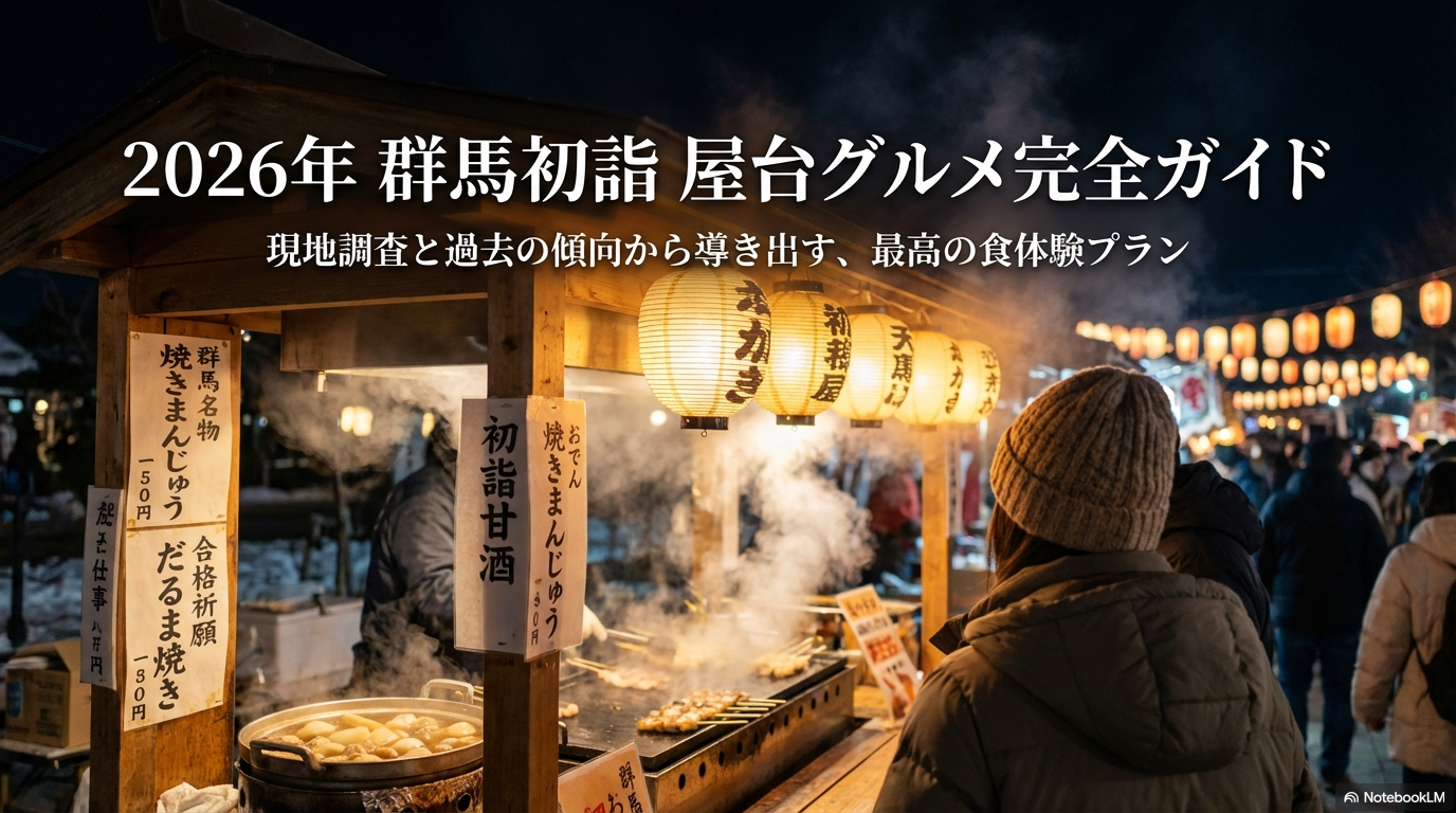 「2026年 群馬初詣 屋台グルメ完全ガイド」というタイトル文字と、焼きまんじゅうのイラストが描かれた表紙スライド。