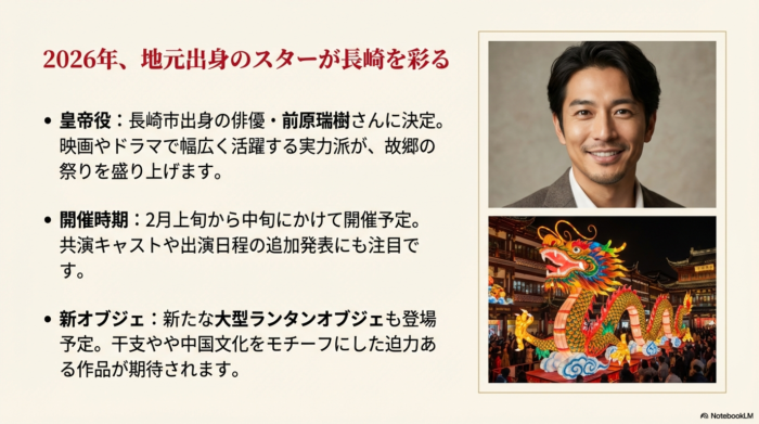 2026年の皇帝役に決定した長崎市出身の俳優・前原瑞樹さんの写真 。開催時期（2月上旬〜中旬）や、新たな大型ランタンオブジェの登場予定などの見どころがまとめられたスライド 。
