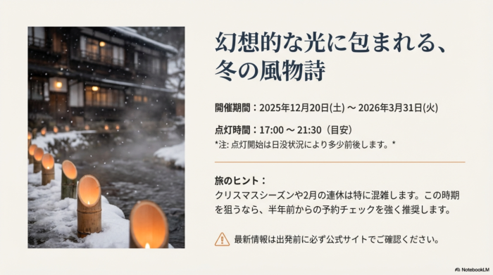 2025年12月20日から2026年3月31日まで開催される「湯あかり」の点灯時間（17:00〜21:30）と期間を記したインフォグラフィック