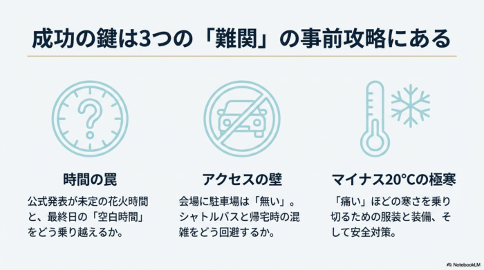 時間・アクセス・極寒という、攻略すべき3つの課題をアイコンで示した図解スライド