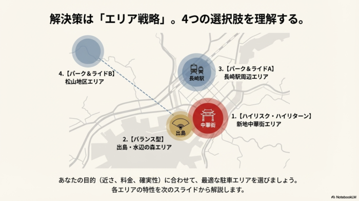 新地中華街（ハイリスク）、出島・水辺の森（バランス型）、長崎駅周辺（パーク＆ライドA）、松山地区（パーク＆ライドB）の4つのエリアを地図形式で示したスライド。