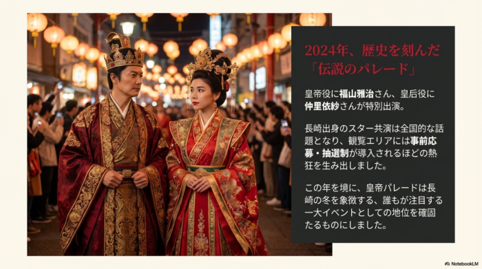 皇帝役に福山雅治さん、皇后役に仲里依紗さんが特別出演した2024年のパレードの解説 。事前応募・抽選制が導入されるほどの熱狂ぶりを「伝説のパレード」として紹介しているスライド 。
