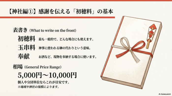 のし袋のイラストとともに、表書き（初穂料、玉串料、奉献）の意味と、個人・分団単位の相場（5,000円〜10,000円）を説明したスライド。