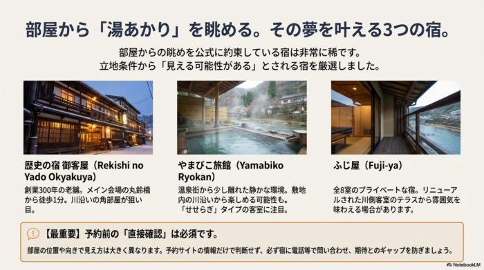 御客屋、やまびこ旅館、ふじ屋の3つの宿の特徴と、湯あかり会場（丸鈴橋付近）との位置関係を示した比較スライド