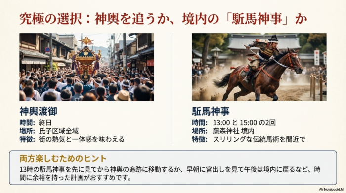 終日の神輿渡御と、13時・15時に行われる駈馬神事の時間を比較し、両方楽しむための具体的なスケジュール案。