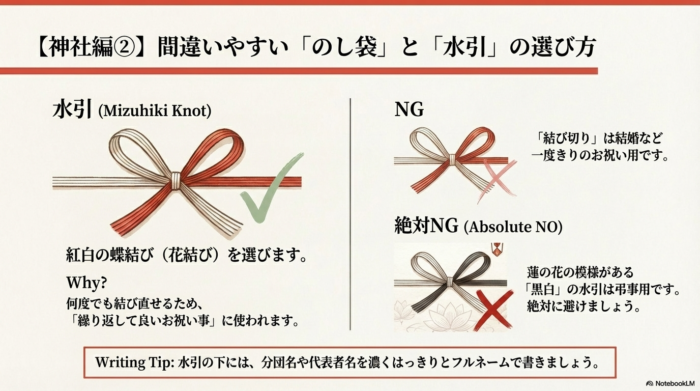 何度でも結び直せる「紅白の蝶結び」が正解であり、結婚用の「結び切り」や弔事用の「黒白」の水引はNGであることを図解したスライド。